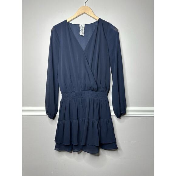 Sadie And Sage Mini‎ Dress Navy Ruffles V Neck Long Sleeves - Picture 1 of 9